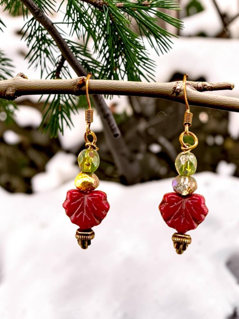 Czech Glass Maple Leaf Earrings Red Fall Dangle Copper Boho 2"